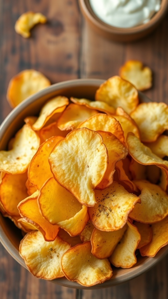 Homemade Potato Chips Recipe A bowl of crispy homemade potato chips with a small dish of dip on a rustic wooden table.
